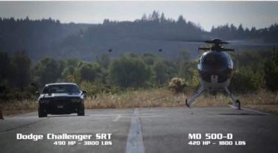 Helicopter MD500 contra Muscle Car Dodge Challenger SRT8 392 - Photo