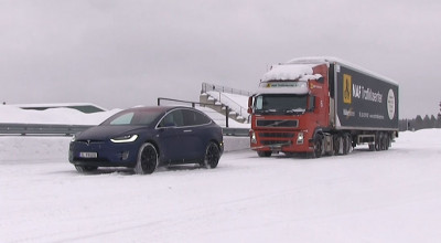 (VIDEO) Tesla Model X pus să tracteze un camion cu masa totală de 43 de tone - Photo