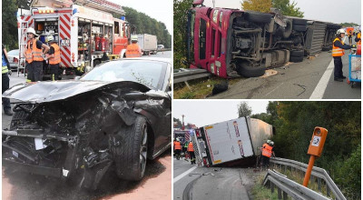 Un Ferrari vinovat pentru un accident de 500.000 euro! A răsturnat un camion românesc încărcat cu 23 de tone de whiskey - Photo