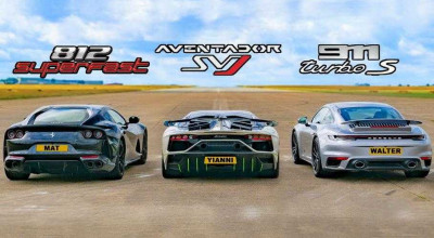 (VIDEO) Ferrari 812 Superfast, Aventador SVJ și noul Porsche 911 Turbo S s-au aliniat pentru o cursă incendiară de drag racing - Photo