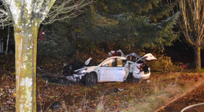 Vezi cum arată o Tesla ruptă în două în urma unui accident, cu bateriile împrăștiate pe pământ - Photo